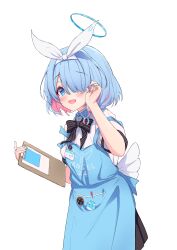  1girl angel's_24_uniform_(blue_archive) apron arona_(blue_archive) blue_apron blue_archive blue_eyes blue_hair blush braid colored_inner_hair hair_over_one_eye hairband halo highres looking_at_viewer multicolored_hair object_in_pocket open_mouth pen_in_pocket pink_hair pocket shirayui_(shirakawaui) shirt short_hair simple_background single_braid skirt smile solo white_background white_hairband 