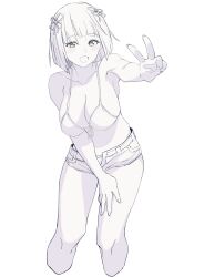  blunt_bangs blush bra cropped_legs hair_ornament hand_on_own_thigh highres machida_reina minorun9 monochrome nue_no_onmyouji open_mouth short_hair shorts underwear v white_background 
