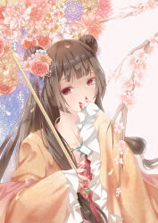  absurdres ajio_(pixiv7718798) blunt_bangs branch brown_hair cherry_blossoms chinese_commentary commentary_request covering_own_mouth double_bun falling_petals flower flower_knot flower_lyric_(miracle_nikki) flower_umbrella frilled_sleeves frills hair_bun hair_flower hair_ornament hair_ribbon hair_tubes highres holding holding_umbrella jewelry long_hair long_sidelocks long_sleeves looking_at_viewer lotus low-tied_long_hair miracle_nikki nail_polish necklace nikki_(series) petals pink_background pink_flower pink_shawl purple_flower red_nails ribbon shaded_face shawl sidelocks sleeves_past_wrists tassel tsurime umbrella umbrella_over_shoulder very_long_hair violet_eyes wavy_hair wide_sleeves wisteria yellow_flower yellow_hanfu yellow_ribbon 