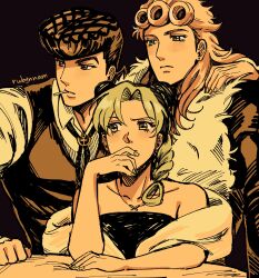  1girl 2boys alternate_costume arm_around_shoulder artist_name black_hair blonde_hair bolo_tie braid braided_bun brown_eyes butterfly_necklace collared_shirt commentary diamond_wa_kudakenai double_bun english_commentary formal_clothes fur_collar giorno_giovanna green_eyes green_hair hair_bun hand_on_own_face higashikata_josuke highres jewelry jojo_no_kimyou_na_bouken kujo_jolyne lollipop_in_mouth long_sleeves looking_to_the_side mouth_hold multicolored_hair multiple_boys necklace pompadour rubynnam shirt stone_ocean strapless vento_aureo vest 