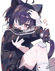  +_+ 1girl ahoge animal animal_ears bandaged_arm bandages bandaid bandaid_on_knee bandaid_on_leg black_cat black_jacket blush_stickers cat cat_ears cat_girl cat_tail commentary commission cotono_(nazekun) dot_nose eyepatch fang feet_out_of_frame hair_between_eyes hair_intakes hands_up highres jacket long_sleeves looking_at_viewer medical_eyepatch mole mole_under_eye open_mouth original ribbed_socks signature simple_background sitting skeb_commission socks solo sparkle striped_sleeves tail track_jacket violet_eyes watermark white_background white_socks 
