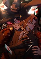  2girls ado_(utaite) black_hair blush brown_hair card cass_giocata chando_(ado) commentary earrings fangs fingernails gold hair_between_eyes hair_over_one_eye hat heart highres implied_yuri jewelry long_hair long_hair_between_eyes looking_at_viewer magic_(ado) multiple_girls open_mouth poker red_eyes sharp_fingernails sido_(sido_mrtsnkc) smile symbol-only_commentary symbol_in_eye teeth vampire very_long_fingernails 