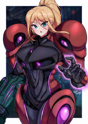  1girl arm_cannon armor black_armor blonde_hair blue_eyes border commentary_request cowboy_shot high_ponytail highres metroid metroid_prime_4:_beyond ponytail power_suit_(metroid) red_armor samus_aran solo vi-o-la_suit wakaba_(wata_ridley) weapon white_border 