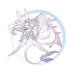  1girl animal_ears commentary_request dress extra_ears fins full_body grey_eyes grey_horns highres horns hoshi_rousoku human_head long_hair monster_girl original pink_hair rabbit_ears solo very_long_hair white_background white_dress 