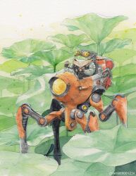  1other black_vest bug closed_mouth commentary dragonfly externally_piloted_mecha frog furry goggles grey_shirt highres lotus_leaf mecha original robot seatbelt shirt smile solo tama_(amedamadou) twitter_username vest walker_(robot) 
