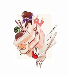  2girls :d artist_name birthday black_eyes black_shoes border brown_hair brown_pants cake cake_slice candle candy character_request chibi chibi_only chinese_commentary chocolate chocolate_bar cloak colored_skin colored_teeth commentary_request copyright_request covered_eyes deltarune film_grain food fork full_body furry furry_female grey_background grin hair_over_eyes halftone highres hightguy hollow_eyes hollow_knight hollow_knight:_silksong horned_mask hornet_(hollow_knight) jacket long_hair long_sleeves mask multiple_girls mushroom number_candle open_clothes open_jacket outside_border pants plants_vs._zombies purple_jacket purple_skin red_cloak sea-shroom_(plants_vs._zombies) shirt shoes simple_background smile solid_oval_eyes susie_(deltarune) utdr_(toby_fox) white_border white_mask white_shirt yellow_teeth 