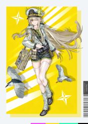  1girl ;) absurdres alternate_costume animal arknights bag barcode bird black_shoes black_shorts brown_hair camera chinese_commentary closed_mouth clothes_writing collarbone commentary_request elf endfield_industries_logo full_body grey_hoodie grey_leg_warmers hair_between_eyes hat highres hood hood_down hoodie jewelry leg_warmers long_hair long_sleeves looking_at_viewer lt_mue mole mole_under_eye muelsyse_(arknights) nikon_(company) one_eye_closed peaked_cap pointy_ears rhodes_island_logo_(arknights) ring sailor_hat shoes shorts shoulder_bag smile solo very_long_hair white_hat yellow_background yellow_eyes 