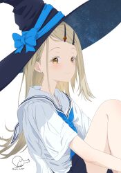  1girl absurdres blonde_hair blue_bow blue_neckerchief blush bow closed_mouth commentary_request earrings from_side gakuen_idolmaster hair_ornament hairclip hat hat_bow highres idolmaster jewelry knees_up long_hair looking_at_viewer neckerchief nokino_shida orange_eyes parallel_hairclips sailor_collar shinosawa_hiro shirt signature simple_background skirt smile solo stud_earrings twitter_username white_background white_sailor_collar white_shirt witch_hat 