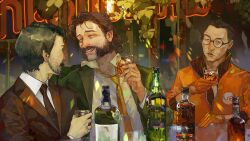  3boys absurdres alcohol beard black_eyes black_hair black_jacket black_necktie black_suit blazer blush bomber_jacket bottle brown_hair collared_shirt commentary cup disco_elysium drunk english_commentary facial_hair glasses gloves grin half-closed_eyes hand_up harry_du_bois highres holding holding_cup jacket jean_vicquemare kim_kitsuragi kozmoraven1610 lens_flare looking_at_another male_focus multiple_boys necktie night nose_blush orange_gloves orange_jacket outdoors parted_lips plant shirt short_hair smile suit upper_body variant_set white_shirt yellow_necktie 