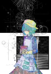  1girl alternate_costume apron blue_eyes blue_hair brown_skirt expressionless flower_pot gloves hat heterochromia highres holding holding_flower_pot long_sleeves looking_at_viewer medium_hair no_mouth plaid_clothes plaid_shirt planted planted_shovel purple_shirt red_eyes shirt shovel skirt solo tatara_kogasa touhou white_apron yellow_gloves zhihuaiqiang 