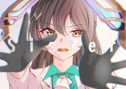  1girl brown_hair commentary_request diamond-shaped_pupils diamond_(shape) english_text gloves heaven_burns_red highres long_hair ooshima_ichiko open_mouth suit symbol-shaped_pupils tsuki_mi925 yellow_eyes 