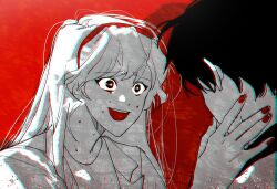  1boy 1girl ayin_(project_moon) blood blood_on_face crying crying_with_eyes_open elijah_(project_moon) ggame_ming greyscale_with_colored_background hairband highres lobotomy_corporation open_mouth project_moon red_background red_hairband simple_background smile spot_color sweat tears 