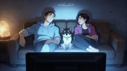  1boy 1girl barefoot beef_(dispatch) blue_hoodie brown_hair closed_eyes commentary couch dark dispatch dog english_commentary hood hoodie indoors invisigal_(dispatch) living_room on_couch open_clothes open_hoodie pants pink_hoodie purple_hair robert_robertson sitting sleeping television 