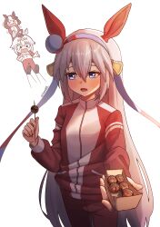  >_< 3girls absurdres ahoge animal_ears belno_light_(umamusume) blue_eyes blue_hairband blush brown_hair closed_eyes commentary ear_covers ear_ornament ear_ribbon fang food grey_hair hair_between_eyes hair_ornament hairband headband highres holding holding_food horse_ears horse_girl jacket letter_hair_ornament long_hair long_sleeves midriff multicolored_hair multicolored_hairband multiple_girls navel oguri_cap_(umamusume) open_mouth pants red_headband red_jacket red_pants red_track_suit short_hair striped_clothes striped_hairband sumosumo takoyaki tamamo_cross_(umamusume) tearing_up toothpick tracen_training_uniform track_jacket track_pants track_suit two-tone_hair two-tone_hairband umamusume umamusume:_cinderella_gray very_long_hair white_hair 