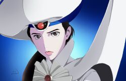  1girl asymmetrical_clothes black_hair blue_background bow bowtie brooch brown_eyes choujin_sentai_jetman closed_mouth commentary_request frilled_bow frilled_bowtie frills hat highres jewelry long_hair looking_at_viewer maria_(choujin_sentai_jetman) nori_(norimakigumo) portrait shirt signature solo super_sentai white_bow white_bowtie white_hat white_shirt 