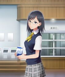  1girl black_hair blue_vest breasts ceiling_light closed_mouth cowboy_shot drink_carton from_side game_cg glasses grey_skirt holding holding_milk_carton konori_mii light_smile looking_to_the_side medium_breasts medium_hair milk_carton neckerchief official_art plaid_clothes plaid_skirt school_uniform shirt short_sleeves skirt solo summer_uniform third-party_source toaru_kagaku_no_railgun toaru_majutsu_no_index toji_no_miko toji_no_miko:_kizamishi_issen_no_tomoshibi translated vest violet_eyes white_shirt window yellow_neckerchief 