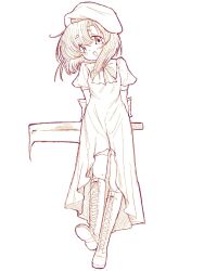  1girl :d arms_behind_back back_bow beret blush boots bow bowtie curtained_hair dress full_body hat highres higurashi_no_naku_koro_ni knee_boots leg_up lineart looking_at_viewer medium_hair monochrome nata_(tool) nekotorine puffy_short_sleeves puffy_sleeves ryuuguu_rena short_sleeves smile standing standing_on_one_leg 