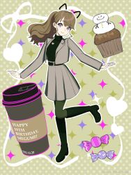  1girl animal_ears black_boots black_pantyhose black_sweater blush boots brown_background cat_ears closed_mouth commentary_request cup cupcake disposable_coffee_cup disposable_cup drawn_ears food fujishima_megumi fujishima_megumi_(post-graduation) full_body grey_jacket grey_skirt heart heart_necklace jacket jewelry knee_boots leg_up link!_like!_love_live! long_sleeves looking_at_viewer love_live! miniskirt necklace open_clothes open_jacket pantyhose pleated_skirt ponytail renge_(042514) skirt smile solo sparkle_background sweater turtleneck turtleneck_sweater violet_eyes virtual_youtuber 