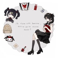  1girl ame-chan_(needy_girl_overdose) backpack bag black_hair character_doll diagonal_bangs doll french_text hair_ornament hair_over_one_eye high_heels highres if_happiness_is_a_circle_(meme) knees_together_feet_apart looking_at_viewer meme neck_ribbon needy_girl_overdose razor_blade red_shirt ribbon shirt short_twintails sidelocks skirt solo suki_72 suspender_skirt suspenders translation_request twintails winged_sleeves x_hair_ornament 