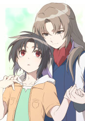  2boys alvis_uniform ascot black_hair brown_hair commentary_request grey_eyes hand_on_another's_shoulder highres holding_hands hood hood_down hooded_jacket jacket light_smile long_hair looking_at_another makabe_kazuki male_focus minashiro_soushi multiple_boys nagi_(exsit00) open_clothes open_jacket parted_bangs red_ascot red_eyes scar scar_across_eye scar_on_face shirt short_hair short_sleeves soukyuu_no_fafner time_paradox upper_body vest 