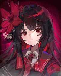  1girl armband black_hair black_jacket blunt_bangs collared_shirt commentary_request disgust flower hair_flower hair_ornament highres jacket long_hair looking_at_viewer mahou_shoujo_no_majo_saiban necktie nikaido_hiro parted_lips plaid_clothes plaid_necktie red_armband red_eyes red_flower red_necktie red_sailor_collar sailor_collar shirt solo upper_body white_shirt yinco 