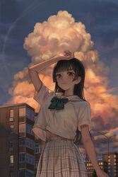 1girl absurdres arm_up black_hair breasts brown_eyes cityscape clouds cloudy_sky commentary_request cowboy_shot cumulonimbus_cloud golden_hour green_ribbon highres hime_cut long_hair looking_at_viewer midriff mole mole_on_cheek original plaid_clothes plaid_skirt pleated_skirt ribbon scenery school_uniform serafuku signature skirt sky small_breasts solo standing user_vvdr2237 white_skirt 