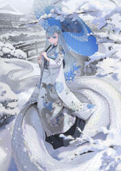  1girl absurdres architecture artist_name blue_eyes blue_umbrella braid bridge building center-flap_bangs closed_mouth colored_eyelashes commentary east_asian_architecture full_body gradient_hair hair_ornament highres holding holding_umbrella house japanese_clothes kimono kyo_mizusawa lamia long_eyelashes long_hair looking_at_viewer monster_girl multicolored_hair obi obiage obijime oil-paper_umbrella original outdoors pond print_kimono sash side_braid sidelocks snake_print snow snowflake_hair_ornament snowing solo standing tree twitter_username umbrella very_long_hair watermark white_eyelashes white_hair white_kimono winter 