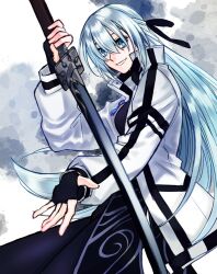  1girl black_gloves blue_eyes double-parted_bangs eiyuu_densetsu fingerless_gloves full_moon gloves hair_between_eyes half_updo holding holding_sword holding_weapon jacket kuro_no_kiseki_(series) kuro_no_kiseki_i lll15u18 long_hair looking_at_viewer moon open_hand parted_lips shizuna_rem_misurugi smile solo sword weapon white_hair 