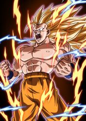  1boy a3rudbzeno aura black_background clenched_hands commentary_request cowboy_shot dragon_ball dragon_ball_daima electricity highres long_hair male_focus muscular muscular_male no_eyebrows red_eyes simple_background solo son_goku spiky_hair super_saiyan super_saiyan_3 topless_male 