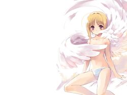  antenna_hair arm_support blonde_hair blue_panties blush koin_(foxmark) original panties purple_eyes sitting striped striped_panties topless underwear underwear_only wings 