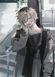  1boy black_eyes black_shirt brown_hair candy ear_piercing food food_in_mouth grey_jacket hair_between_eyes hand_up highres holding holding_candy holding_food holding_lollipop hood hood_down hooded_jacket jacket lollipop lollipop_in_mouth long_sleeves looking_at_viewer male_focus multicolored_hair open_clothes open_jacket open_mouth original parted_bangs piercing roots_(hair) sanpaku shirt short_hair sini_user solo stairs upper_body 