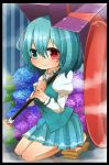  1girl bare_legs blue_eyes blue_hair flower geta heterochromia highres hydrangea karakasa_obake kneeling kyouka_(tibamayu) red_eyes short_hair skirt smile solo tatara_kogasa tongue touhou umbrella 