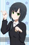  1girl black_hair fingernails green_eyes huyumitsu long_hair looking_at_viewer low_twintails paw_pose shirobako smile twintails yasuhara_ema 