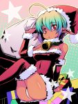  1girl ahoge bell brown_eyes christmas dark_skin edobox gift gradient_hair hat multicolored_hair original panties pointy_ears sack santa_costume santa_hat solo thigh-highs thighhighs underwear 