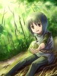  brown_eyes edobox food food_on_face forest nature original pantyhose short_hair sitting solo 