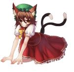  animal_ears brown_eyes brown_hair cat_ears cat_tail chen fang hair_over_eyes hat highres kansou_samehada kei_t_sr multiple_tails short_hair solo tail touhou 