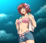  absurdres amami_haruka amami_haruka_(cosplay) bikini_top blush braid brown_hair cosplay green_eyes hair_ribbon highres idolmaster idolmaster_xenoglossia initial-g kimi_ga_nozomu_eien midriff namesake navel open_clothes open_mouth open_shirt parody ribbon shirt short_hair shorts side_braid solo suzumiya_haruka swimsuit swimsuit_under_clothes the_idolm@ster undressing xenoglossia 