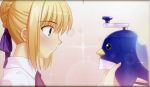  absurdres ahoge bird blonde_hair blush casual fate/hollow_ataraxia fate/stay_night fate_(series) fixme green_eyes hair_ribbon highres open_mouth penguin profile ribbon saber scan surprised takeuchi_takashi 