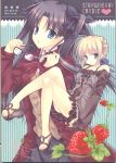  2girls artoria_pendragon_(all) black_hair blonde_hair blue_eyes dress fate/hollow_ataraxia fate/stay_night fate_(series) food glasses looking_at_viewer paper_texture ribbon saber shoes strawberry tatekawa_mako tohsaka_rin wnb 