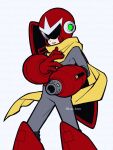  1boy absurdres arm_cannon clenched_teeth commentary_request helmet highres kys_knn male_focus mega_man_(classic) mega_man_(series) no_humans parted_lips proto_man red_footwear robot scarf shade shield simple_background solo teeth weapon white_background yellow_scarf 