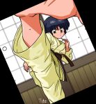  1girl barefoot blue_hair breasts feet indoors kicking leg_up martial_arts ranma_1/2 shadow short_hair solo sweat tendou_akane training wanta_(futoshi) window 