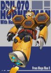  1boy bee blue_eyes bug commentary_request covered_mouth english_text flying highres hornet_man horns male_focus mega_man_(classic) mega_man_(series) mega_man_9 no_humans robot solo yojio_(2188) 