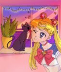  1girl bishoujo_senshi_sailor_moon building cat closed_eyes crescent earrings heart jewelry licking licking_another&#039;s_face luna_(sailor_moon) non-web_source one_eye_closed plant potted_plant sailor_moon sailor_senshi_uniform saliva saliva_trail skyscraper sunset tiara tsukino_usagi wet_face window 
