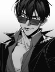  1boy cigarette collared_shirt facial_hair greyscale jacket just_punisher looking_at_viewer male_focus monochrome mouth_hold nicholas_d._wolfwood open_mouth partially_unbuttoned shirt short_hair smile solo sunglasses trigun trigun_stampede 