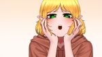  1girl :o alternate_costume blonde_hair blush brown_background brown_hoodie commentary eyelashes green_eyes hands_on_own_cheeks hands_on_own_face highres hood hood_down hoodie looking_at_viewer mizuhashi_parsee open_mouth pointy_ears short_hair solo teeth touhou upper_body upper_teeth_only yokozuna_iwashi 
