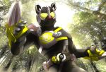  1girl armed_claw armed_claw_buckle armor black_bodysuit bodysuit claw_(weapon) compound_eyes desire_driver forest highres kamen_rider kamen_rider_geats_(series) kamen_rider_hakubi miyabi_(037) nature shoulder_armor sunlight tree weapon yellow_eyes 