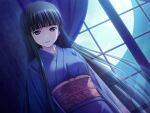  1girl 400 aoto_miyabi black_hair blunt_bangs breasts collarbone dutch_angle floating_hair game_cg grin hime_cut indoors japanese_clothes kanojo_to_kanojo_to_watashi_no_nananichi kimono long_hair long_sleeves looking_at_viewer medium_breasts moon obi purple_kimono sash smile solo straight_hair very_long_hair violet_eyes 