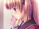  1girl 400 amishiro_anna black_bow blonde_hair blush bow brown_sailor_collar cellphone flip_phone from_side game_cg hair_bow holding holding_phone indoors kanojo_to_kanojo_to_watashi_no_nananichi long_hair long_sleeves parted_lips phone portrait sailor_collar smile solo tears violet_eyes 