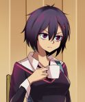 1girl black_hair black_necktie black_sweater breasts chair close-up cup dress_shirt drinking frown hair_between_eyes hair_ornament highres holding holding_cup ikari_shinji indoors light_frown long_sleeves looking_ahead marvel medium_breasts meme mug necktie neon_genesis_evangelion on_chair peni_parker scene_reference school_uniform scrapy shinji_holding_a_mug_(meme) shirt short_hair solo spider-man:_across_the_spider-verse spider-man_(series) sweater upper_body v-shaped_eyebrows violet_eyes white_shirt x_hair_ornament