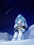  1boy camera chill_man commentary_request highres holding holding_camera ice kinusaya_endow looking_up male_focus mega_man_(classic) mega_man_(series) mega_man_10 night no_humans outdoors red_eyes robot shooting_star sitting smile snow solo star_(sky) 